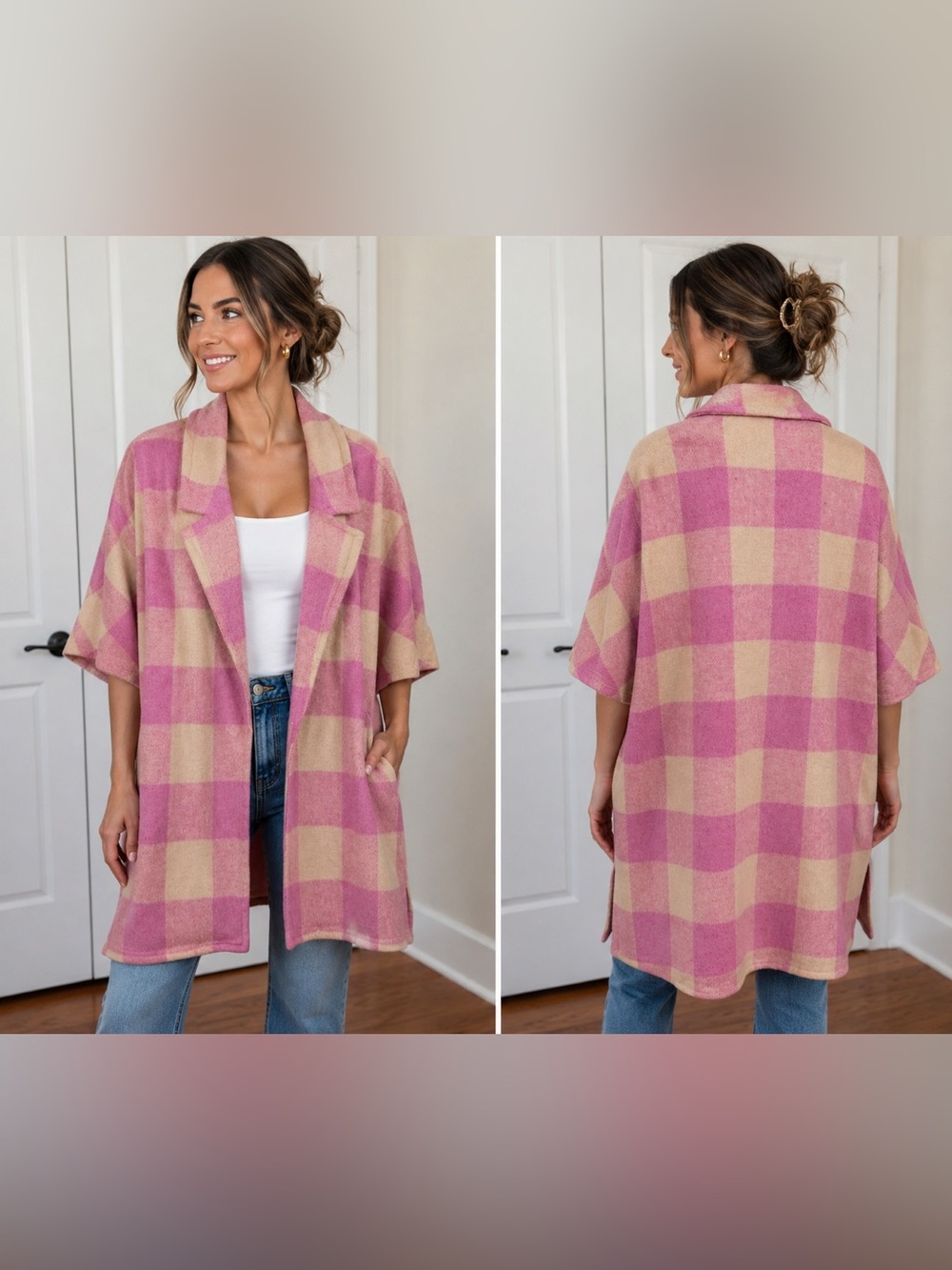 THML Pink and Cream Plaid Open-Front Sweater Jacket